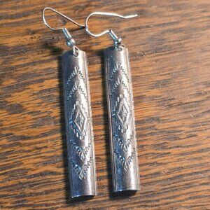Rectangular hook & dangle etched sterling silver earrings